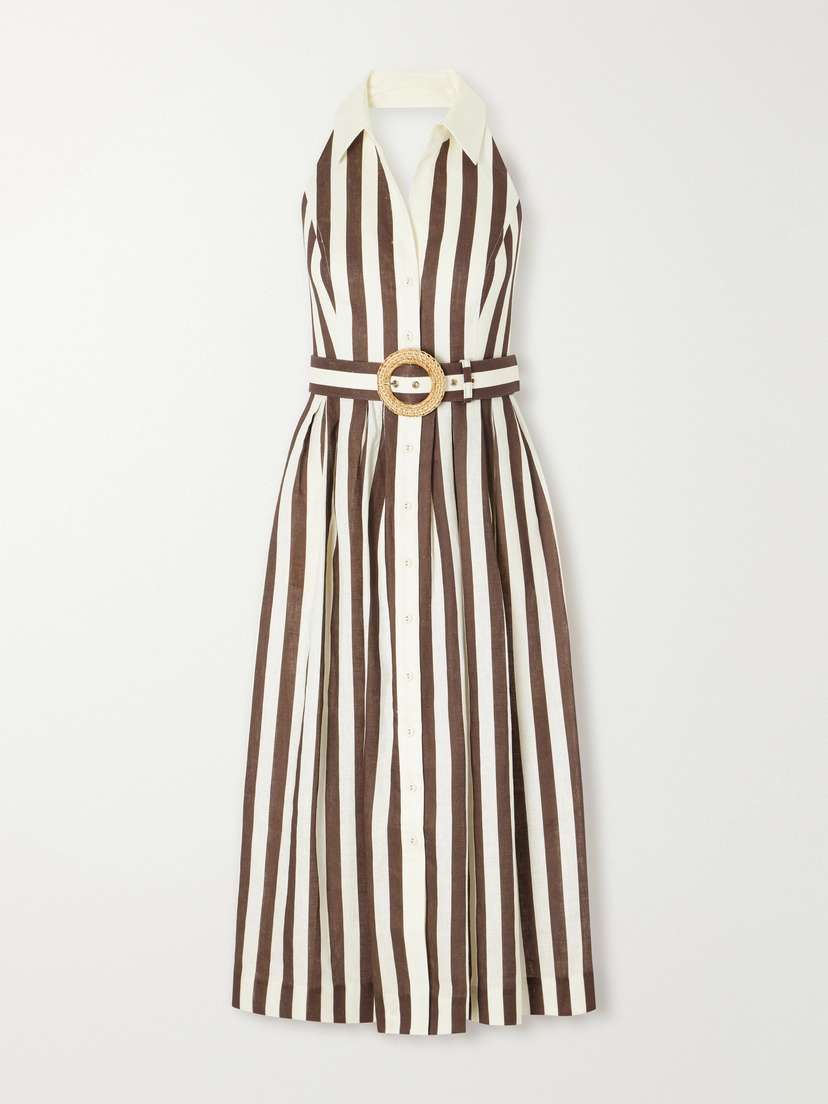 Cara Cara Quentin Belted Pleated Striped Cotton-poplin Halterneck Midi Dress