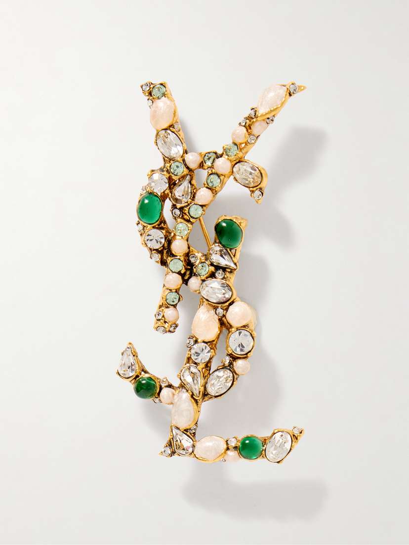 Saint Laurent Cassandre Embellished Gold-tone Brooch