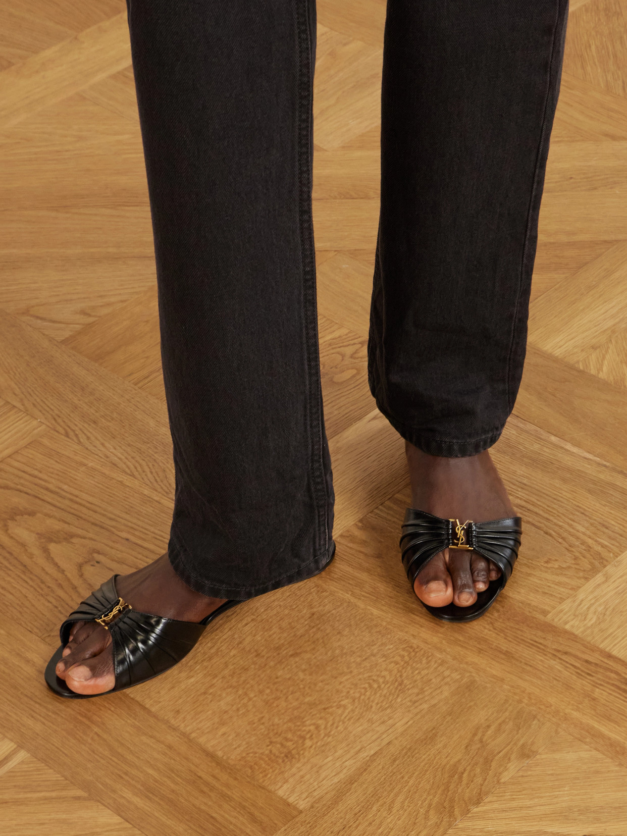 Babylone Embellished Gathered Glossed-Leather Slides