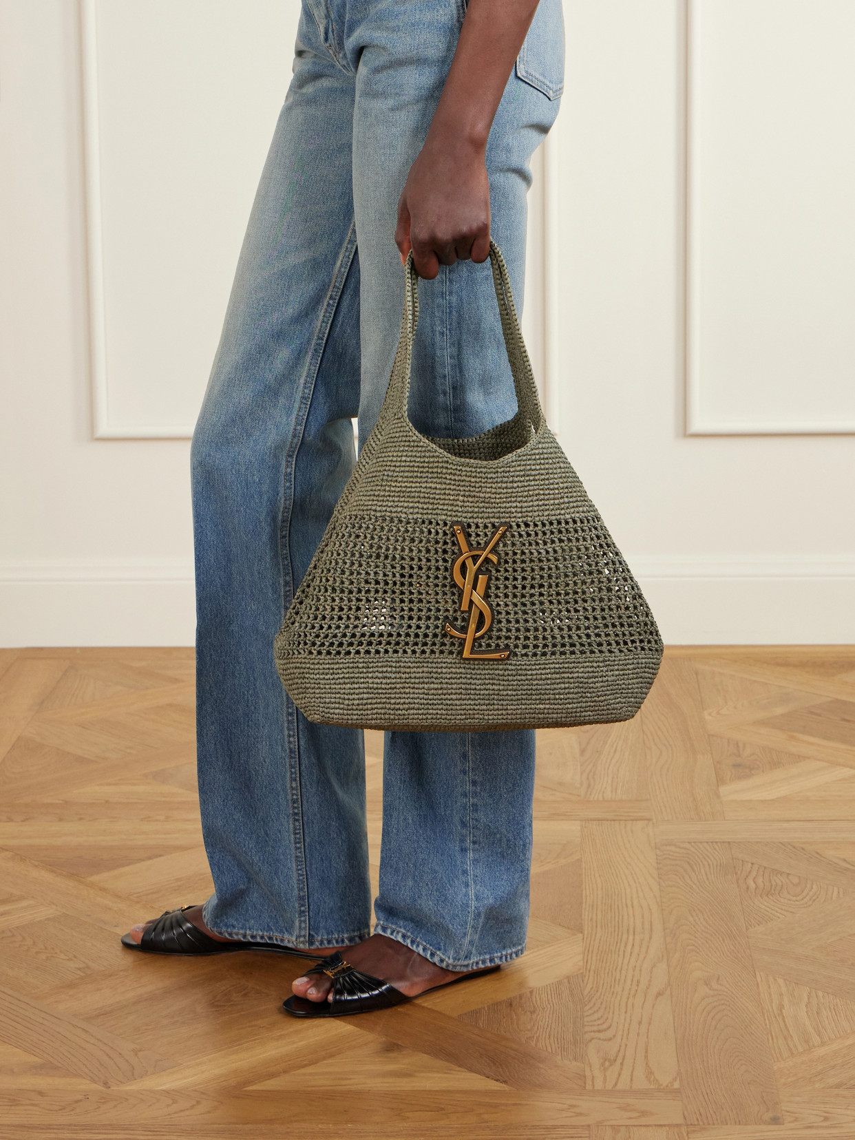 Icare Maxi Leather-Trimmed Raffia Tote