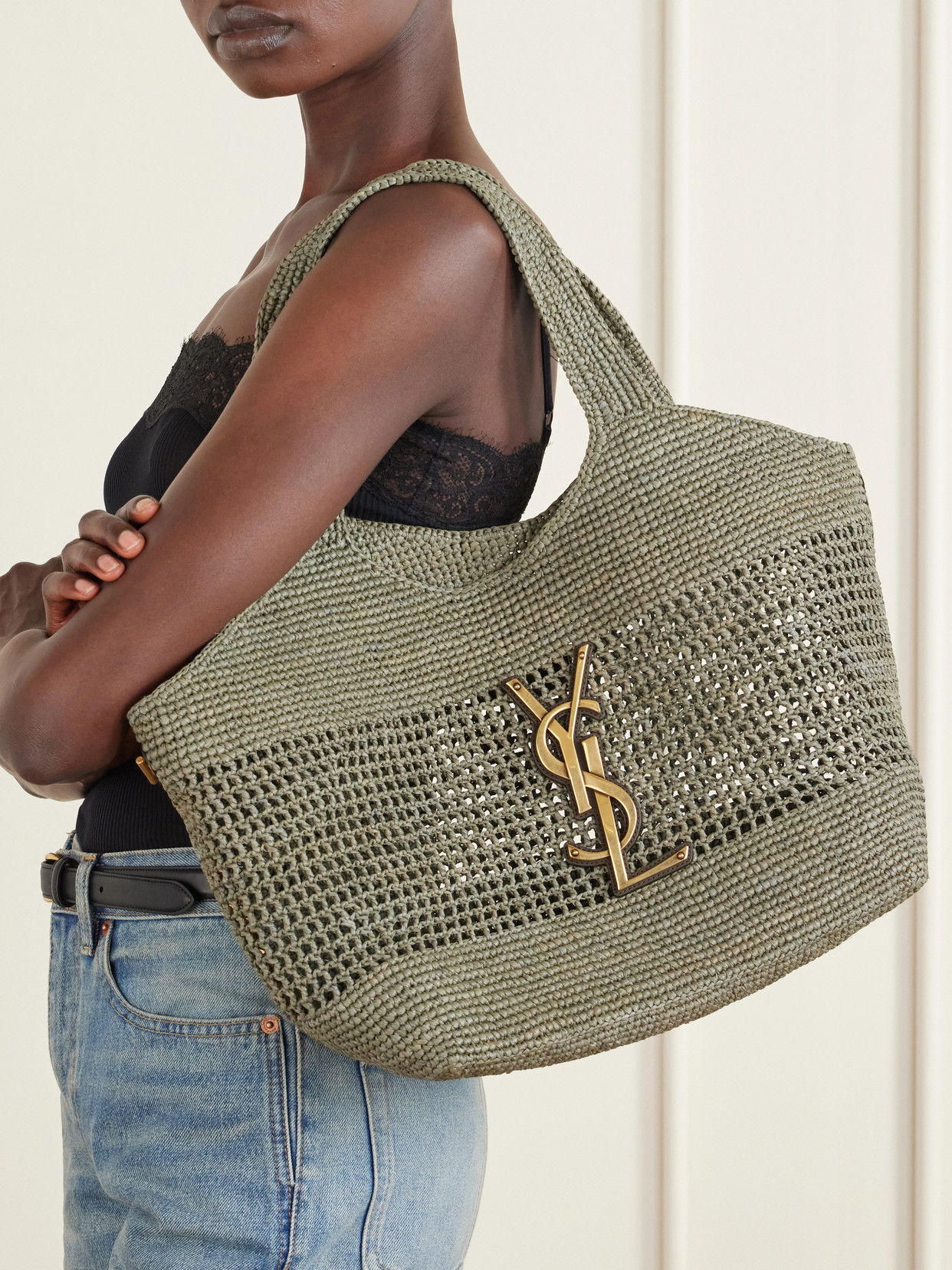 Icare Maxi Leather-Trimmed Raffia Tote