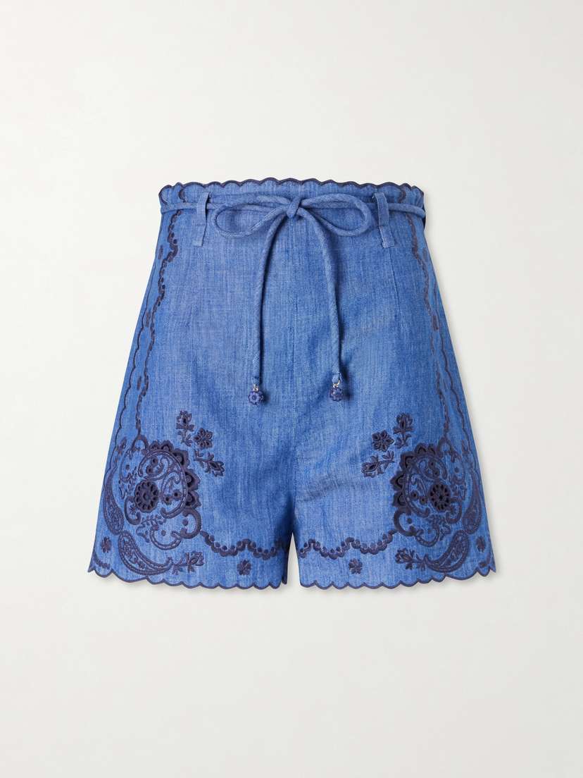 Zimmermann Aster Scalloped Embroidered Denim Shorts
