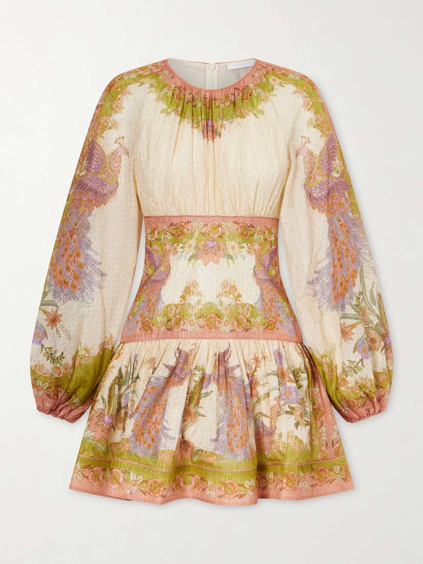Zimmermann Indra Gathered Floral-print Metallic Cotton And Silk-blend Chartreuse Mini Dress