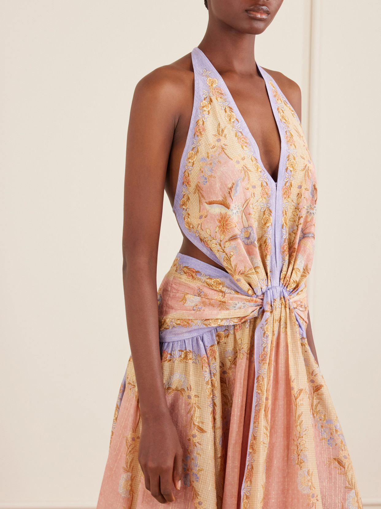 Zimmermann Indra Plunge Printed Metallic Cotton And Silk-blend Halterneck Maxi Dress In Brown
