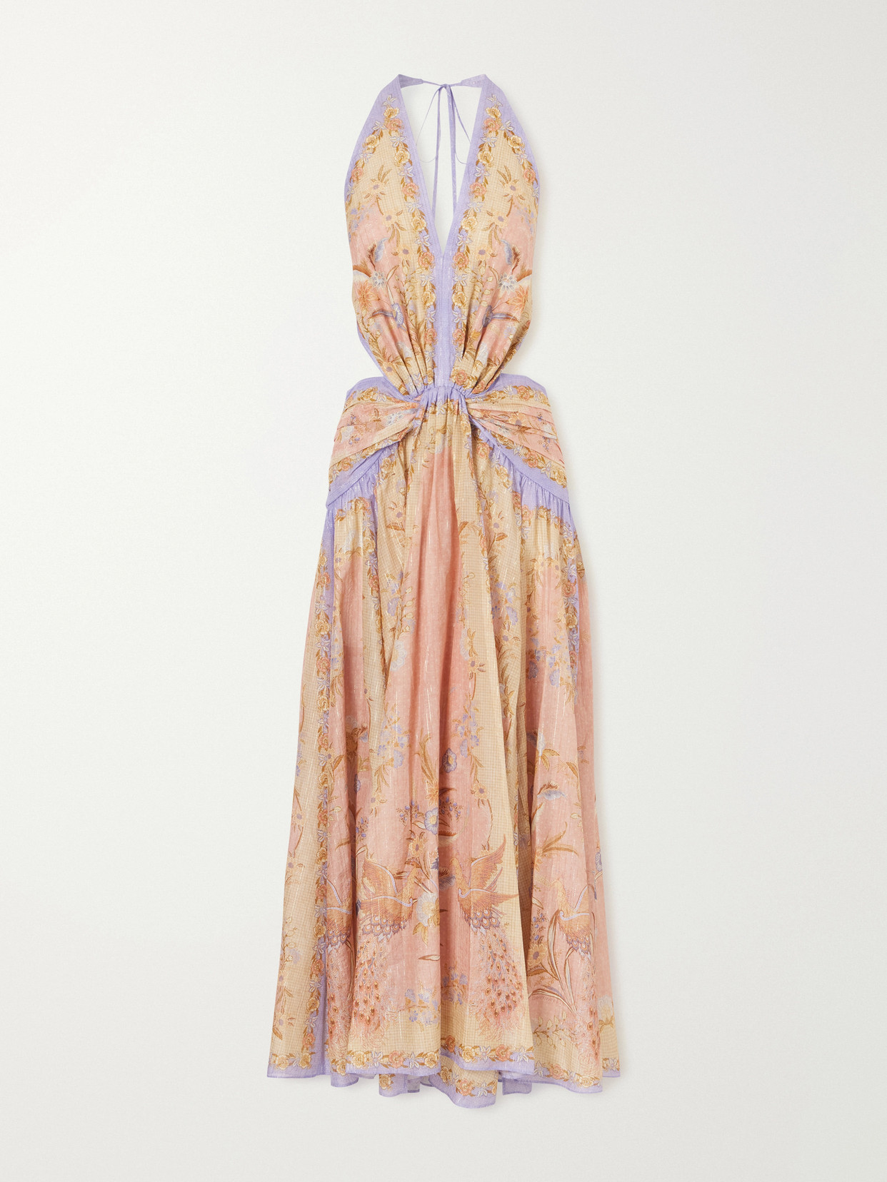Zimmermann Indra Plunge Printed Metallic Cotton And Silk-blend Halterneck Maxi Dress In Brown