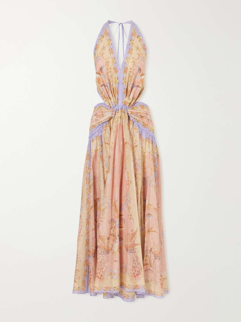 Zimmermann Indra Plunge Printed Metallic Cotton And Silk-blend Halterneck Maxi Dress