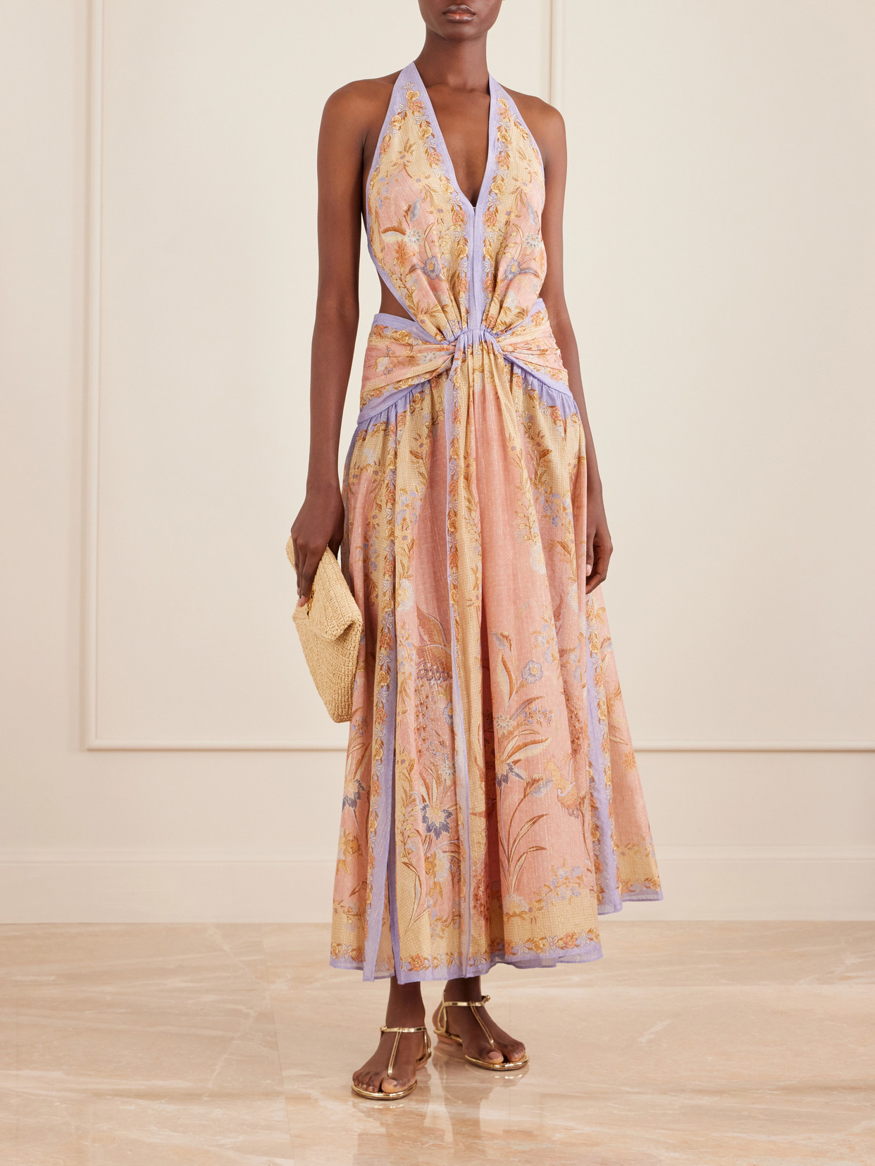 Zimmermann Indra Plunge Printed Metallic Cotton And Silk-blend Halterneck Maxi Dress In Brown