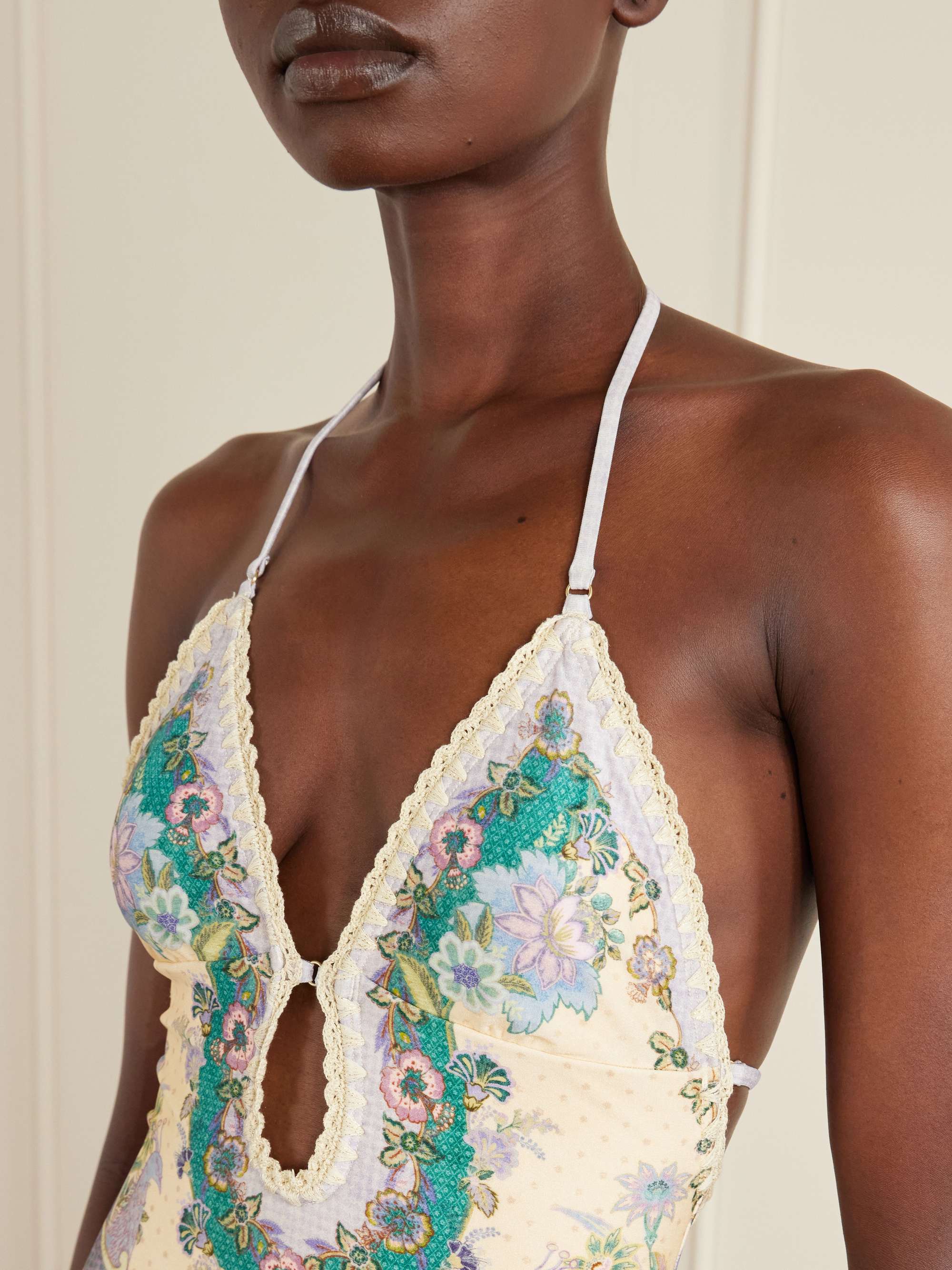 ZIMMERMANN Indra floral-print crochet-trimmed swimsuit | NET-A-PORTER