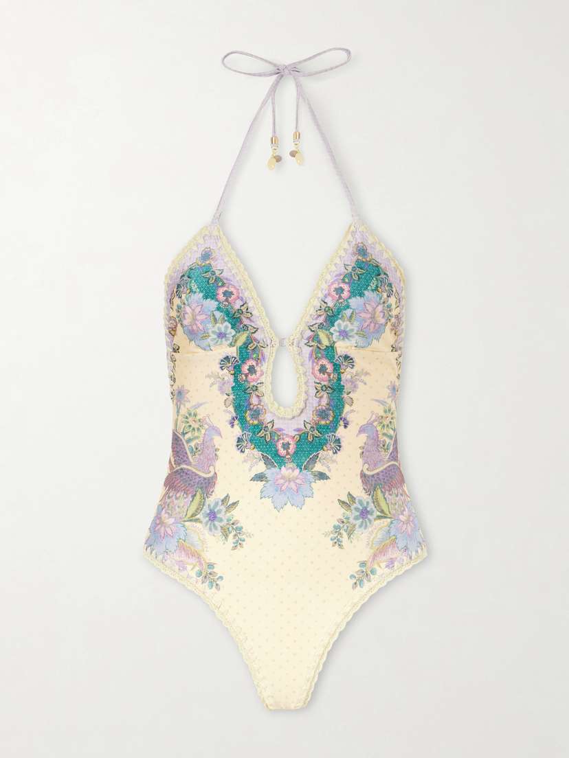 Zimmermann Indra Floral-print Crochet-trimmed Swimsuit