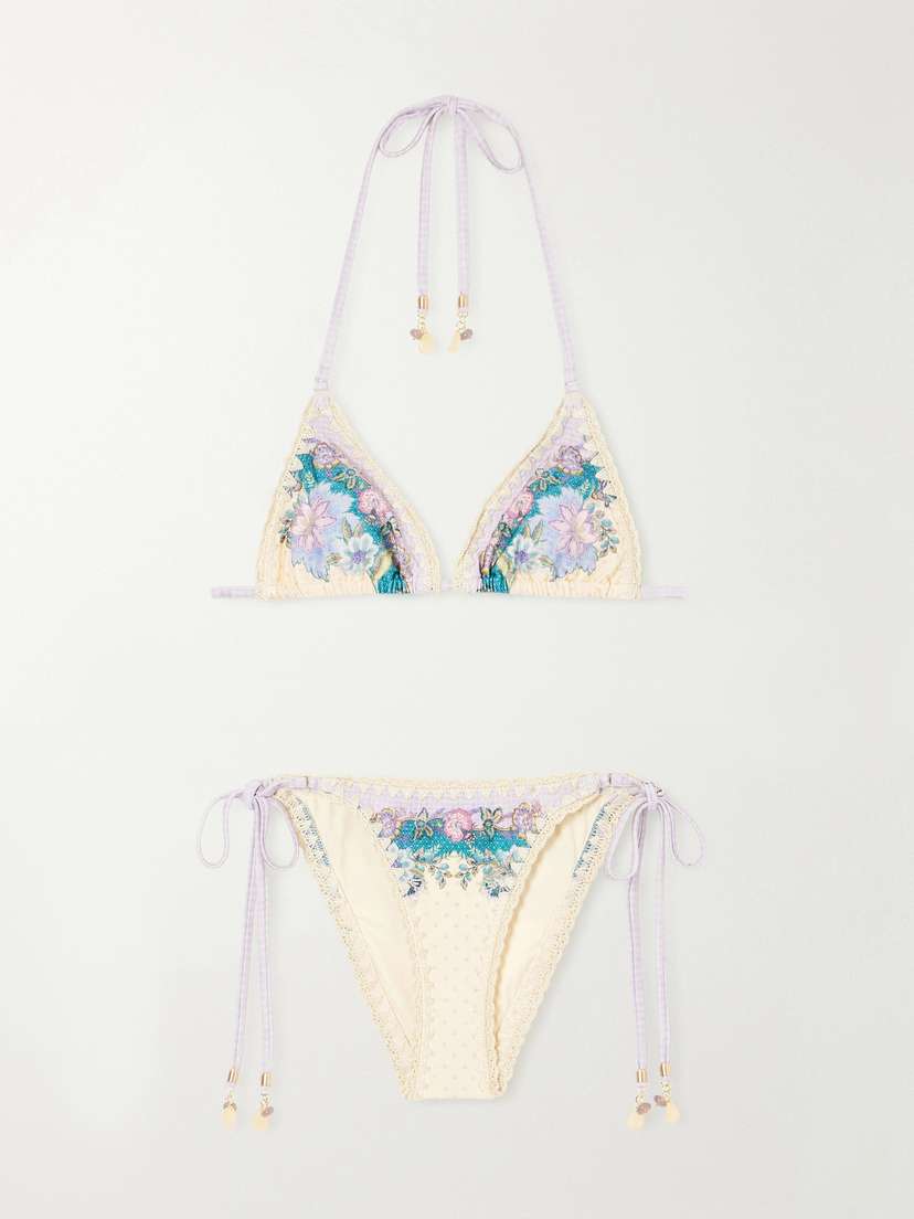 Zimmermann Floral-print Crochet-trimmed Bikini Top