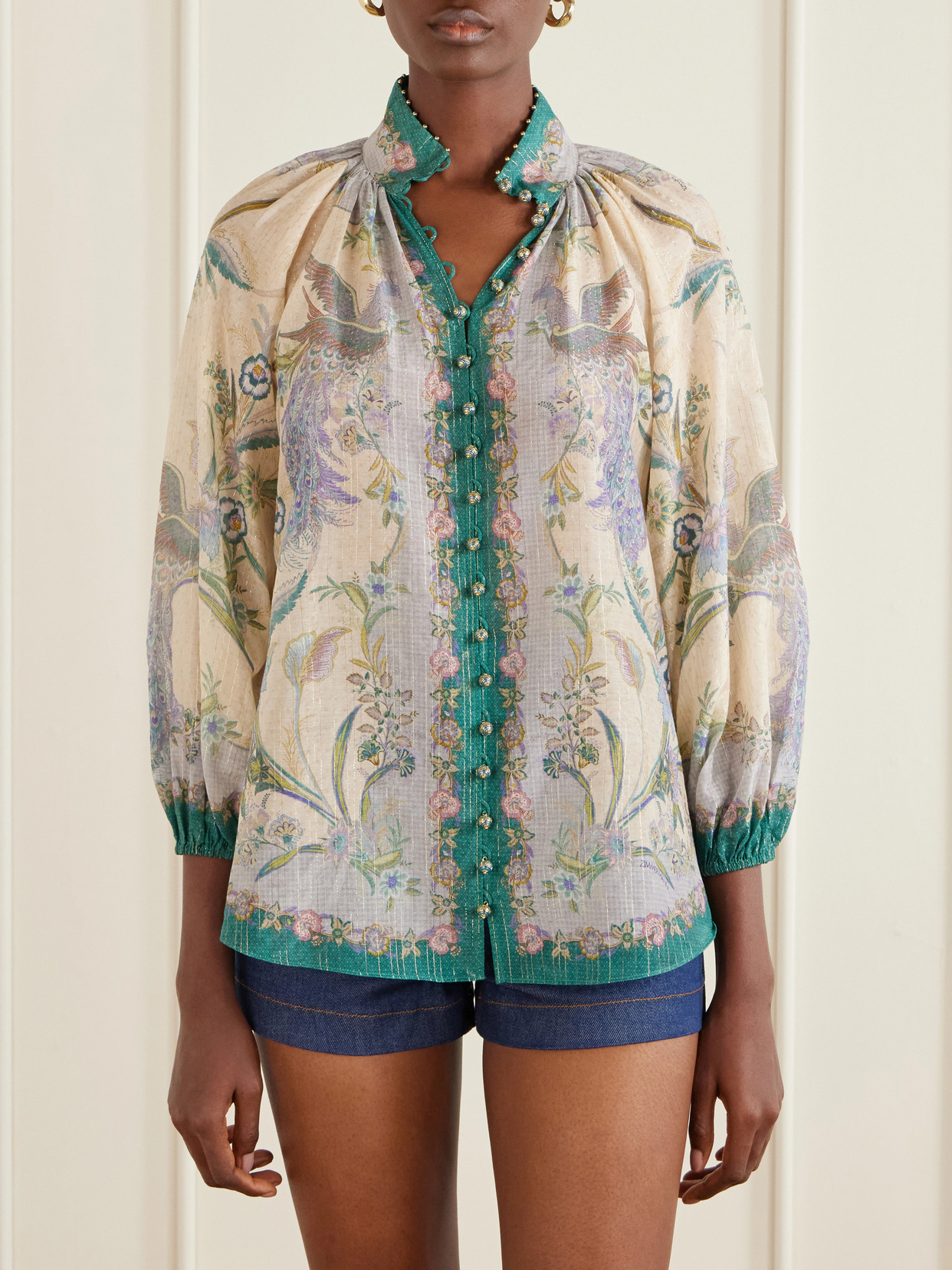 Zimmermann Indra Printed Metallic Cotton And Silk-blend Blouse In Multi
