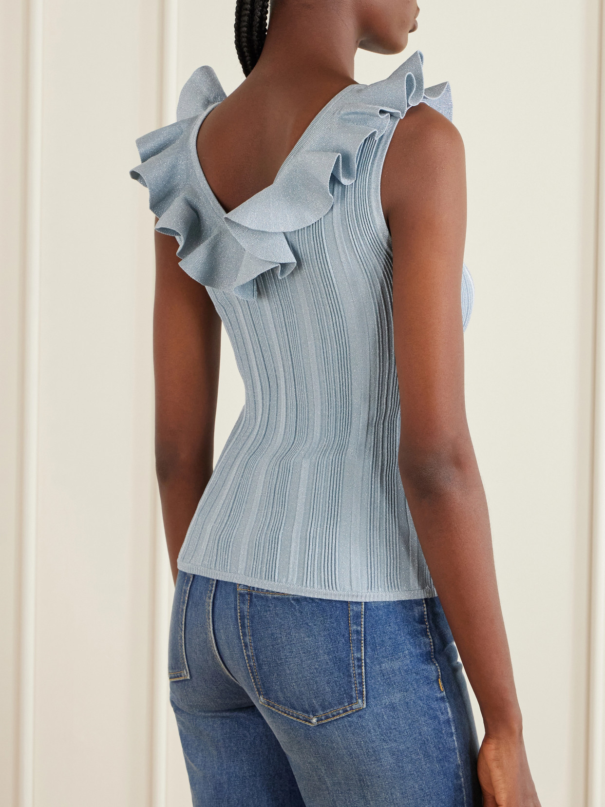 Zimmermann Womens Metallic Blue Aster Metallic Frilled Rib-knit Top In Blue
