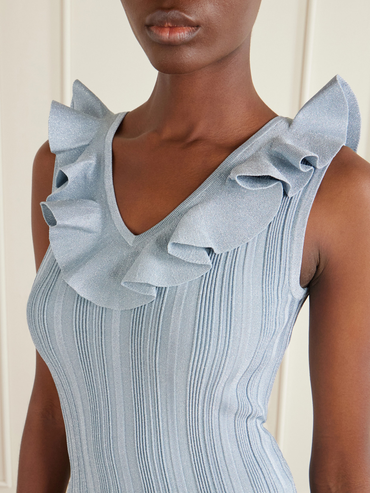 Zimmermann Womens Metallic Blue Aster Metallic Frilled Rib-knit Top In Blue