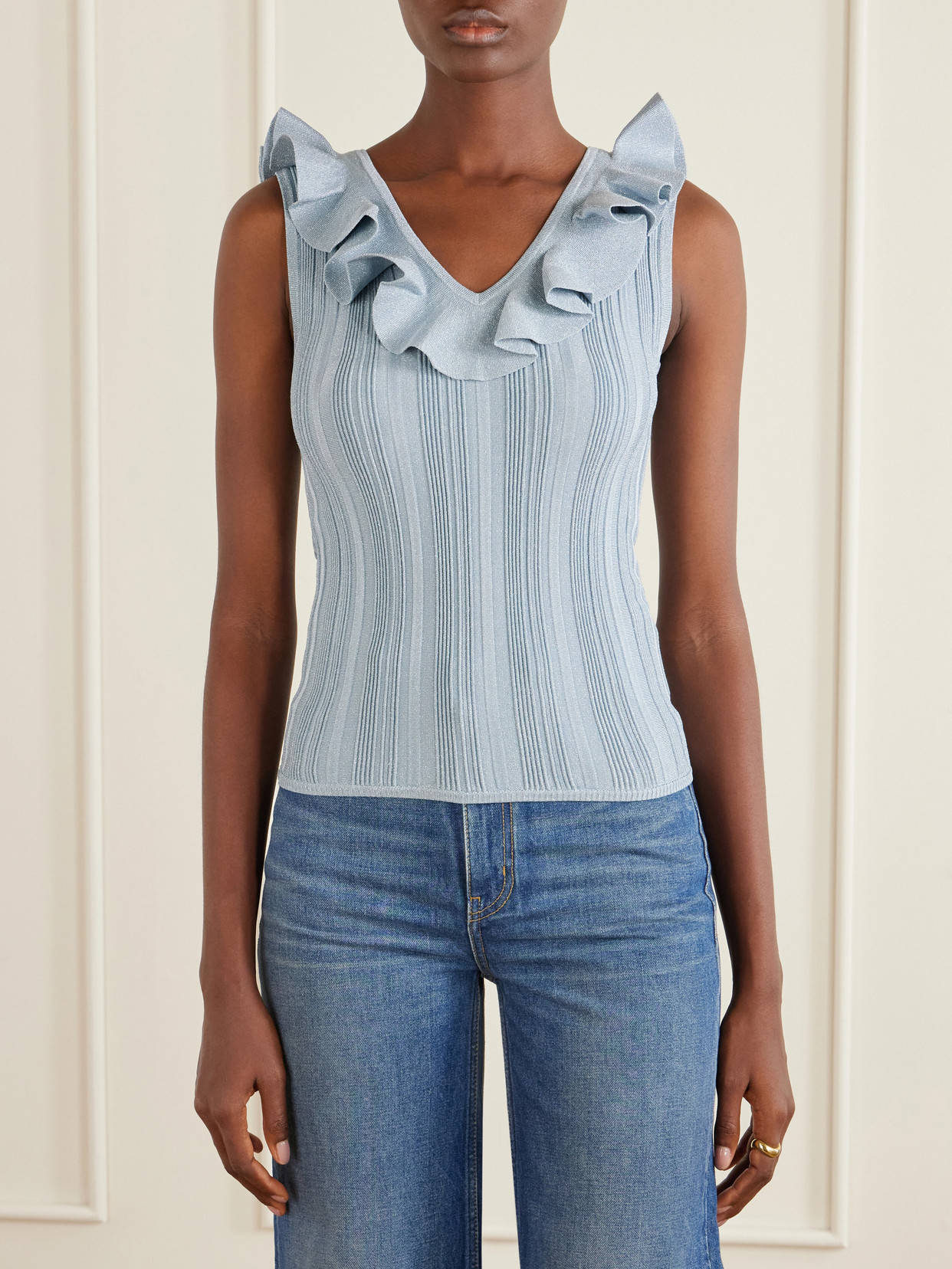 Zimmermann Womens Metallic Blue Aster Metallic Frilled Rib-knit Top In Blue