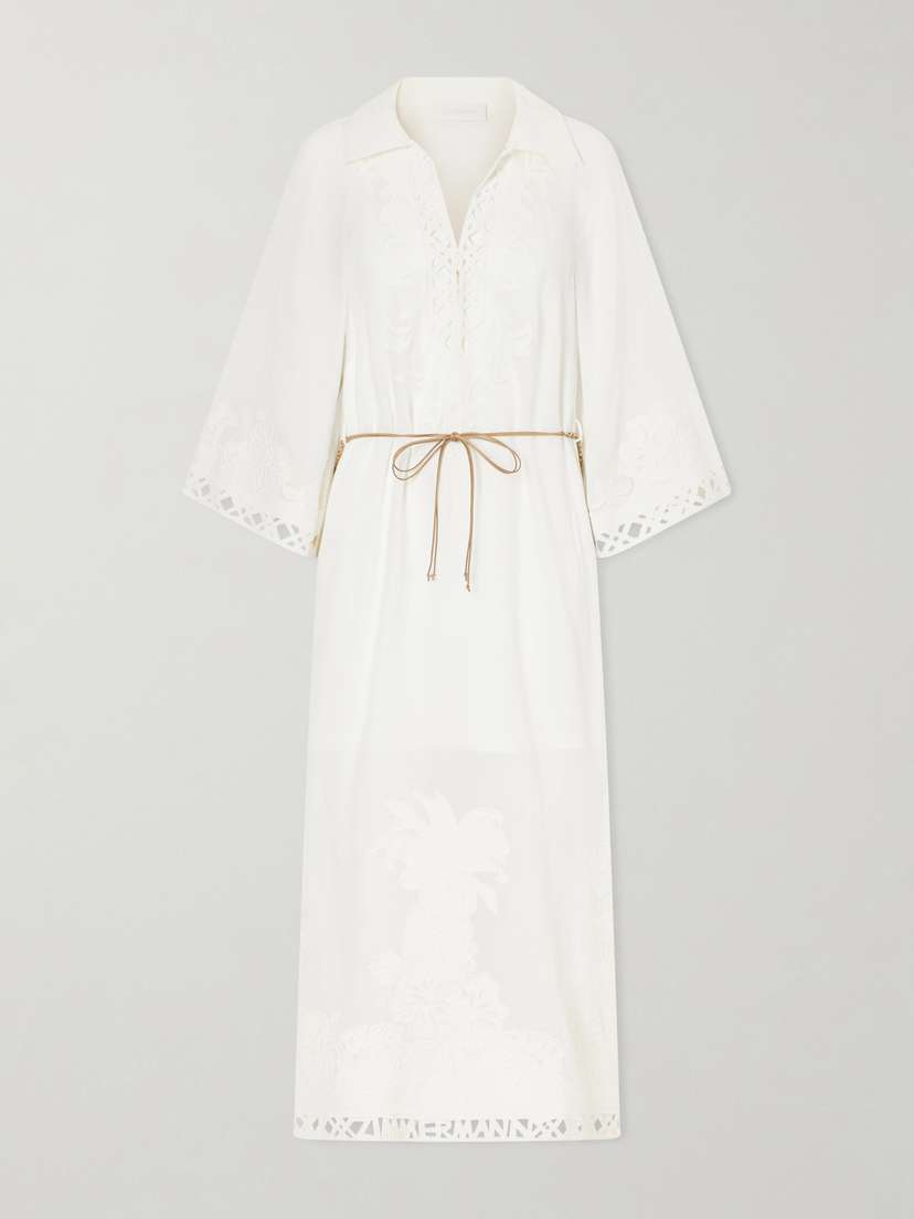 Zimmermann Indra Embroidered Belted Ramie Maxi Dress