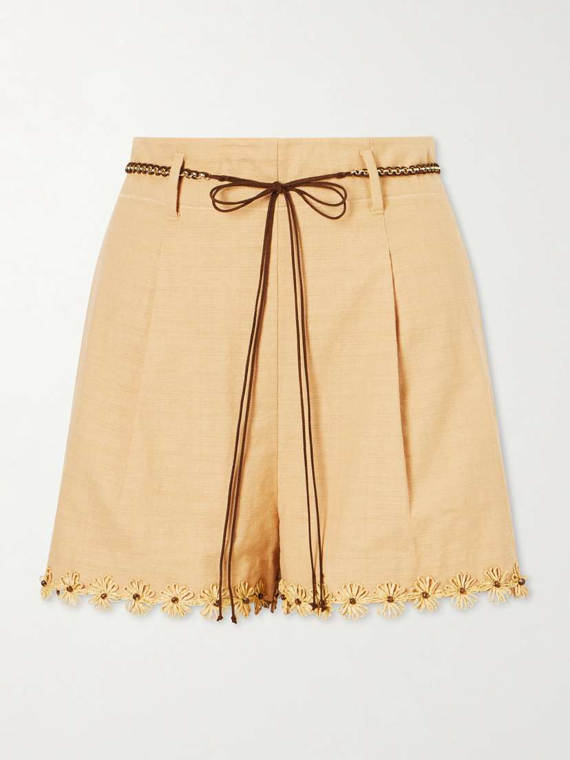Zimmermann Mahon Flower Pleated Leather And Raffia-trimmed Cotton Shorts