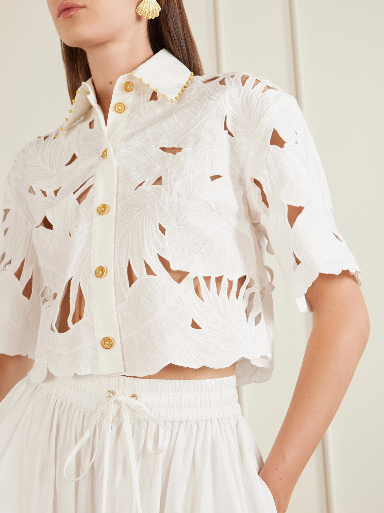 Zimmermann Womens Ivory Mahon Embroidered Cropped Cotton Shirt Xl In White