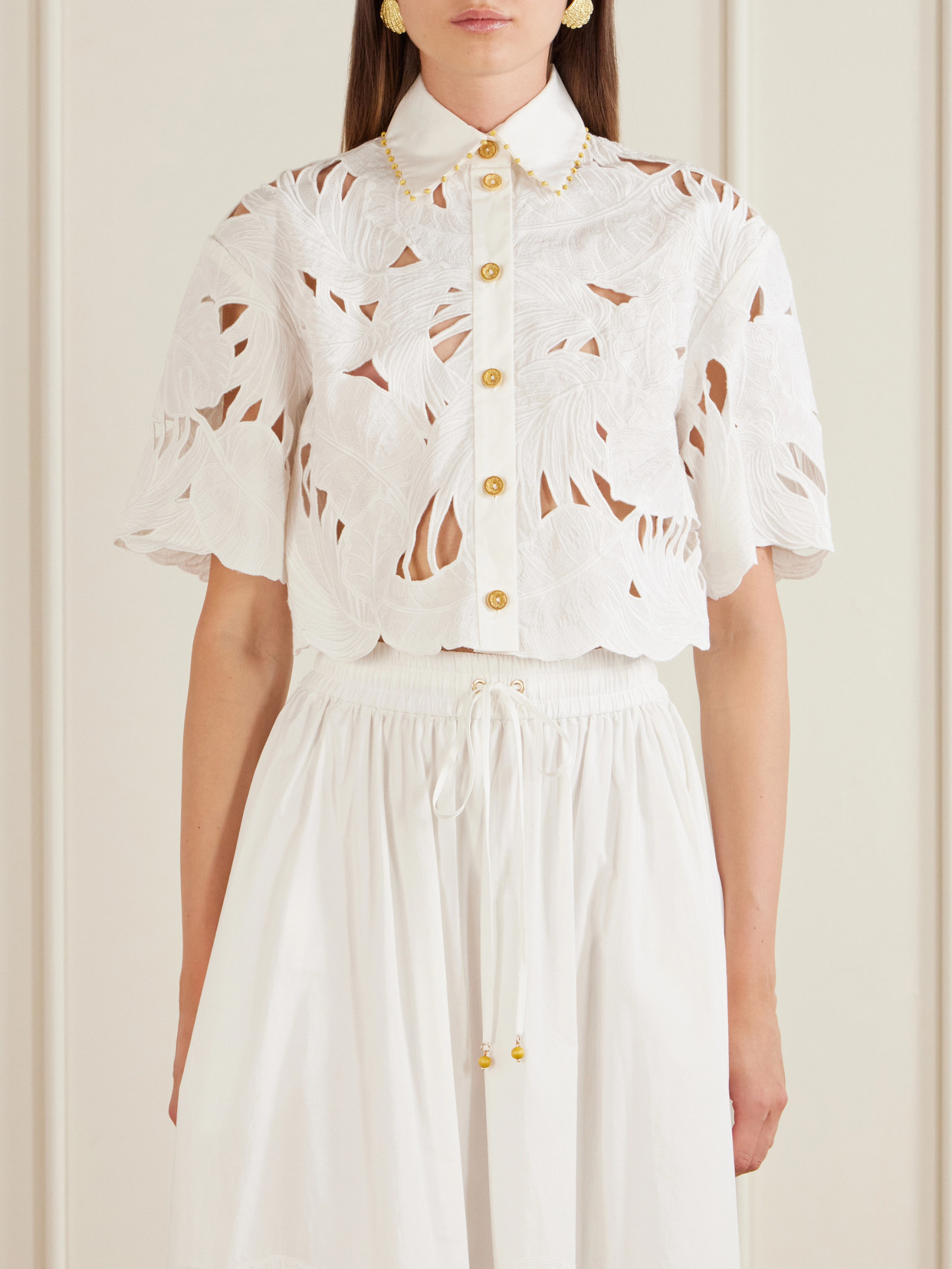 Zimmermann Womens Ivory Mahon Embroidered Cropped Cotton Shirt Xl In White