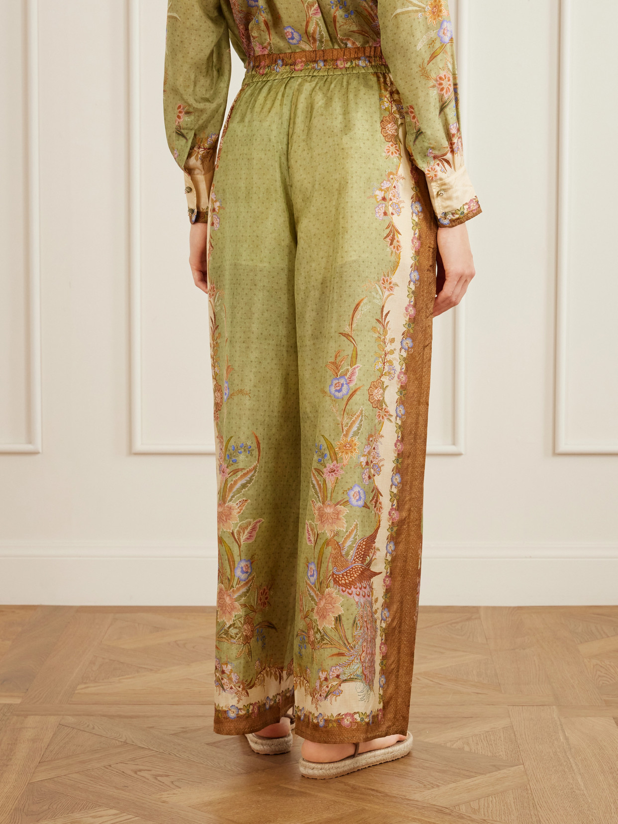 Zimmermann Womens Khaki Scarf Floral Indra Wide-leg Silk Trousers In Green