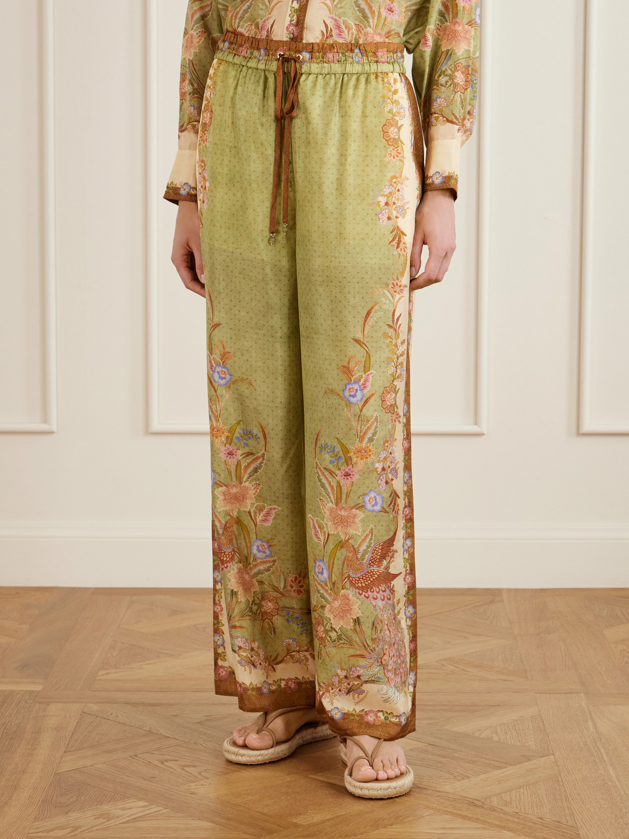 Zimmermann Womens Khaki Scarf Floral Indra Wide-leg Silk Trousers In Green