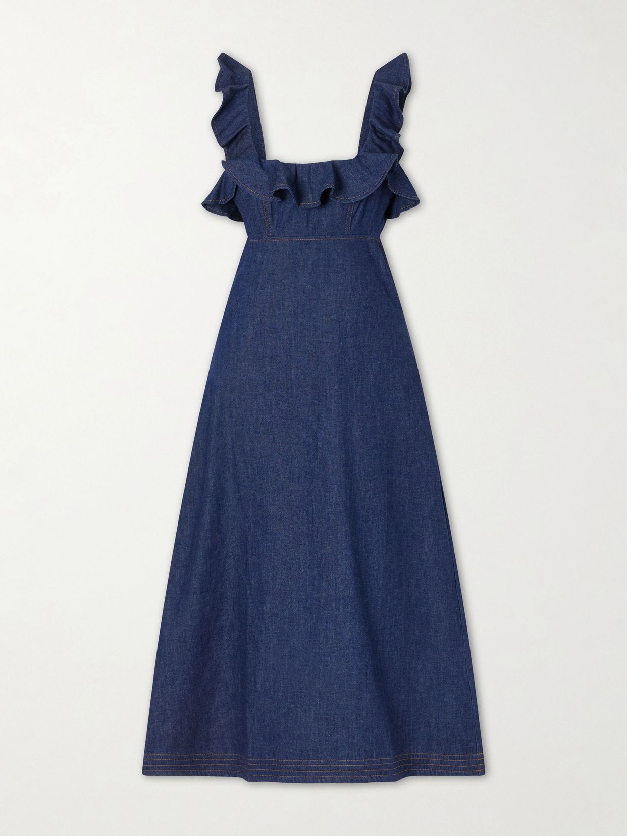 aster ruffled denim midi dress