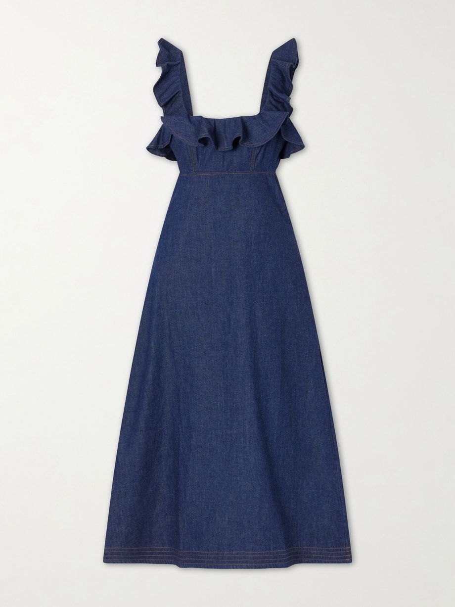 Aster ruffled denim midi dress