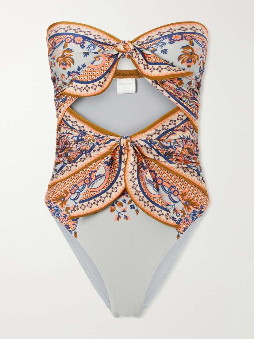 Zimmermann Aster Strapless Knot-detailed Cut-out Printed Swimsuit