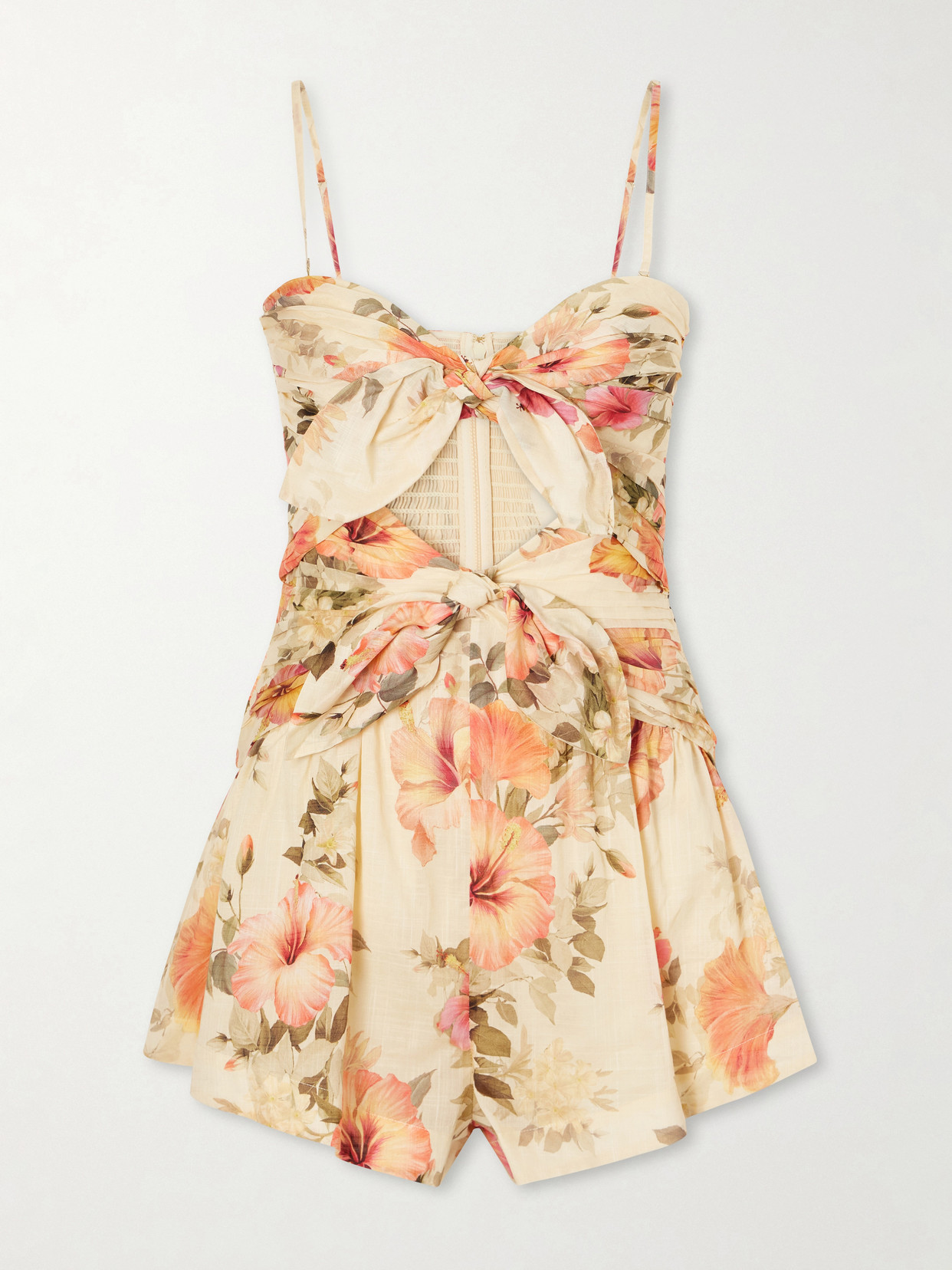 Zimmermann Mahon Cut-out Gathered Floral-print Cotton Playsuit In Orange