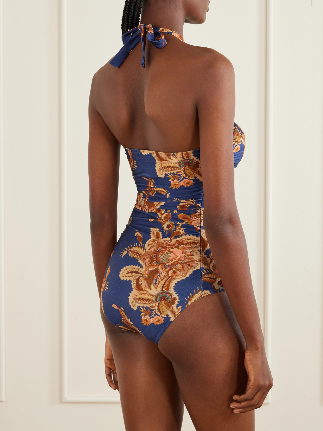 Zimmermann Aster Printed Halterneck Stretch-polyamide Swimsuit In Blue
