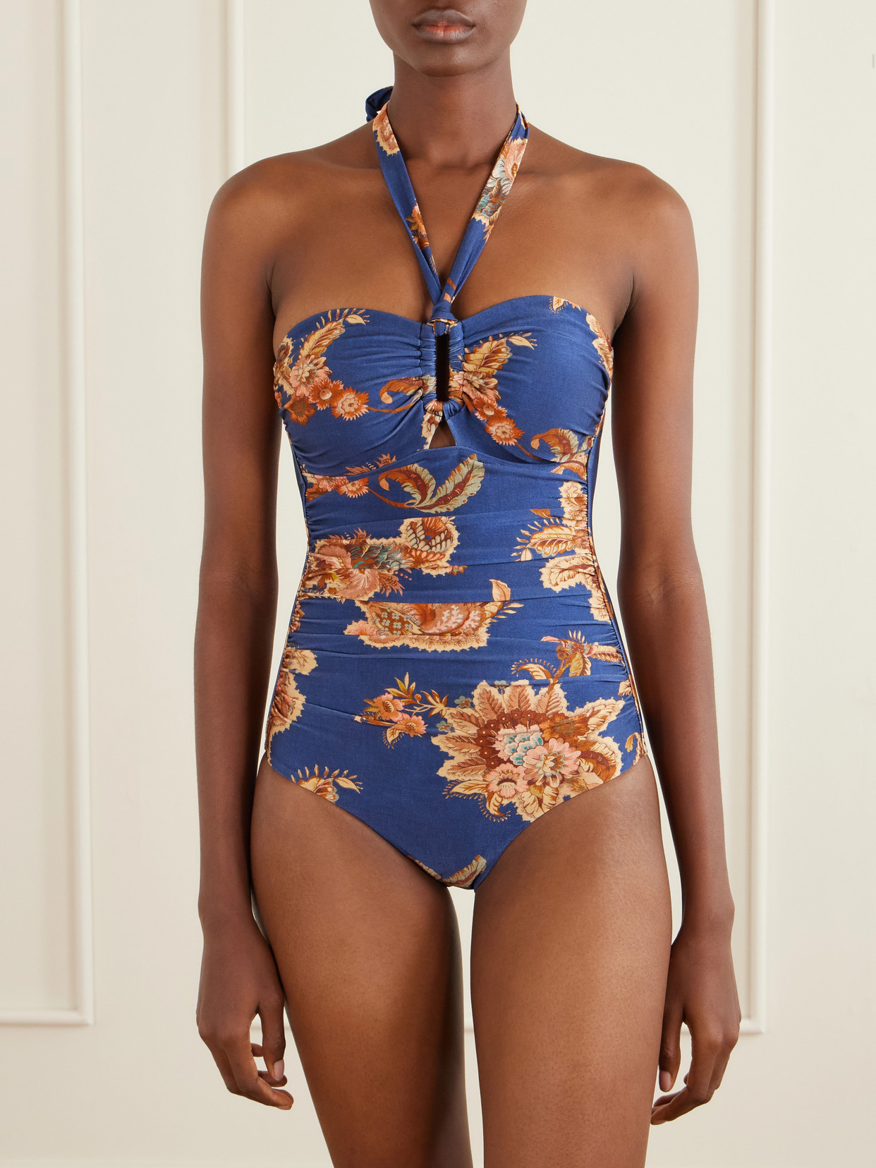 Zimmermann Aster Printed Halterneck Stretch-polyamide Swimsuit In Blue