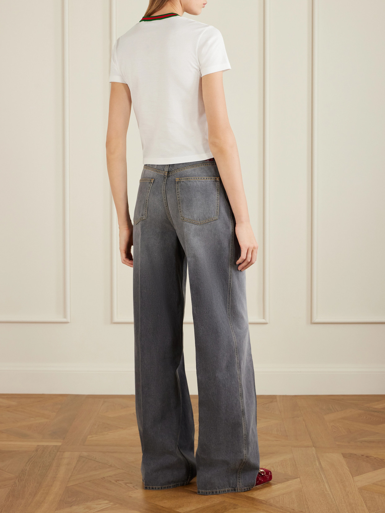 Cropped Striped Embroidered Cotton-Jersey T-Shirt