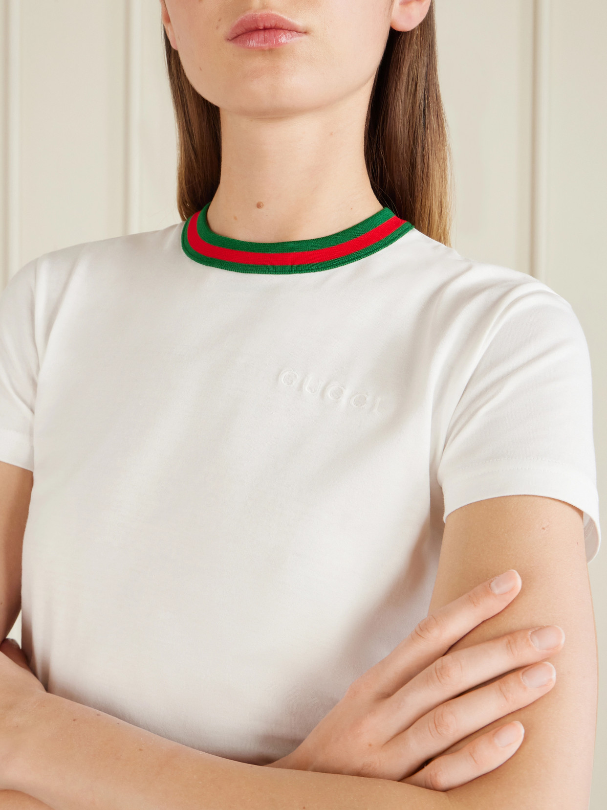 Cropped Striped Embroidered Cotton-Jersey T-Shirt