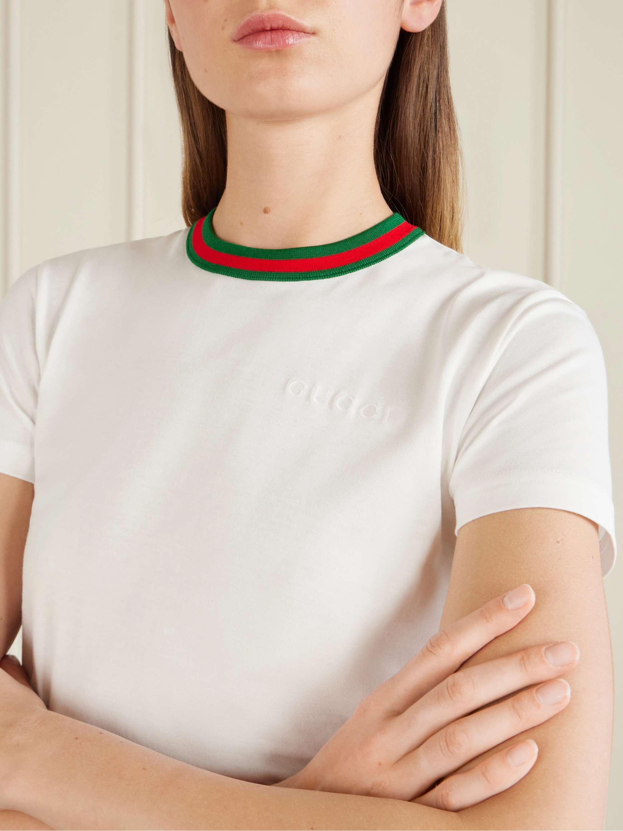 GUCCI Cropped striped embroidered cotton-jersey T-shirt | NET-A-PORTER
