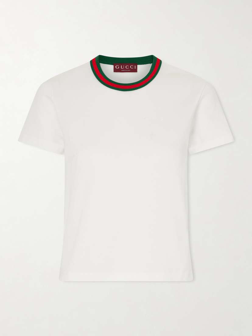 Gucci Cropped Striped Embroidered Cotton-jersey T-shirt