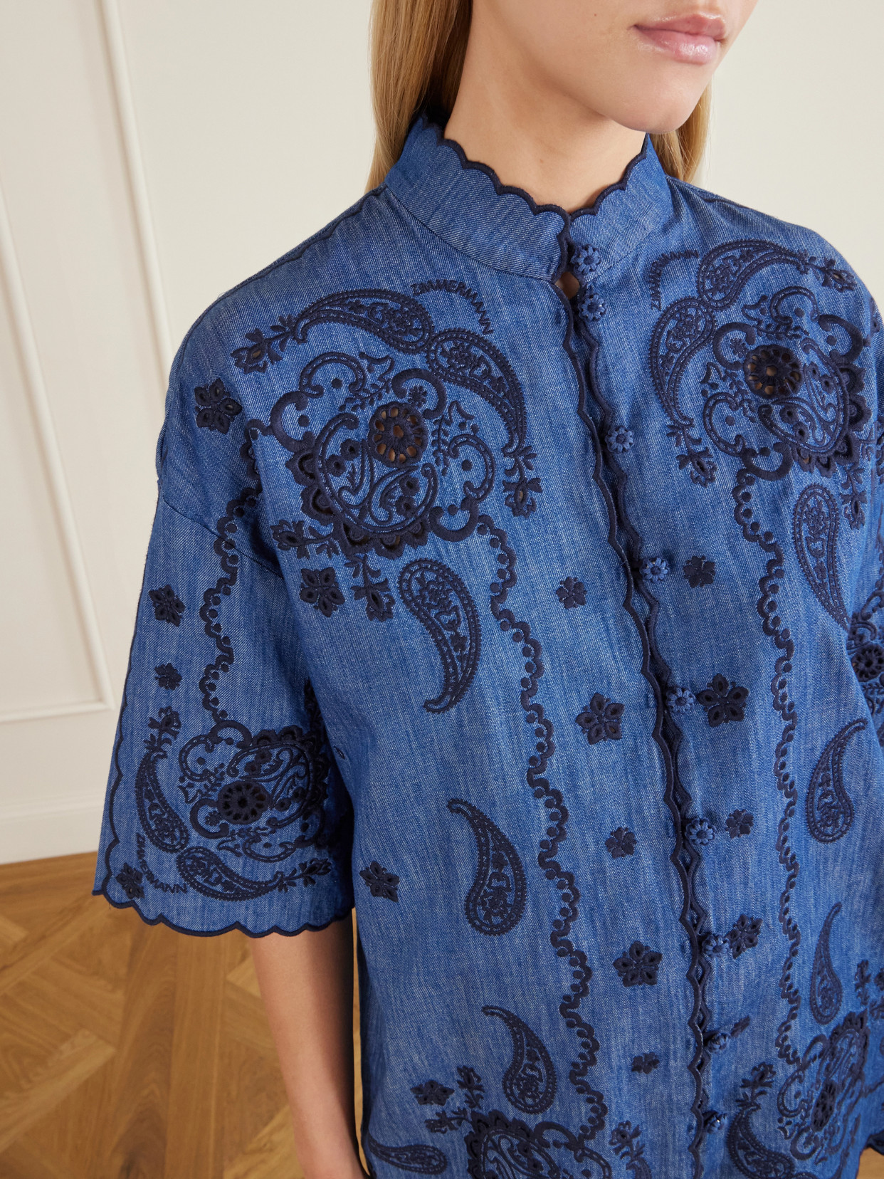 Zimmermann Aster Denim Shirt With All-over Contrasting Embroidery In Blue