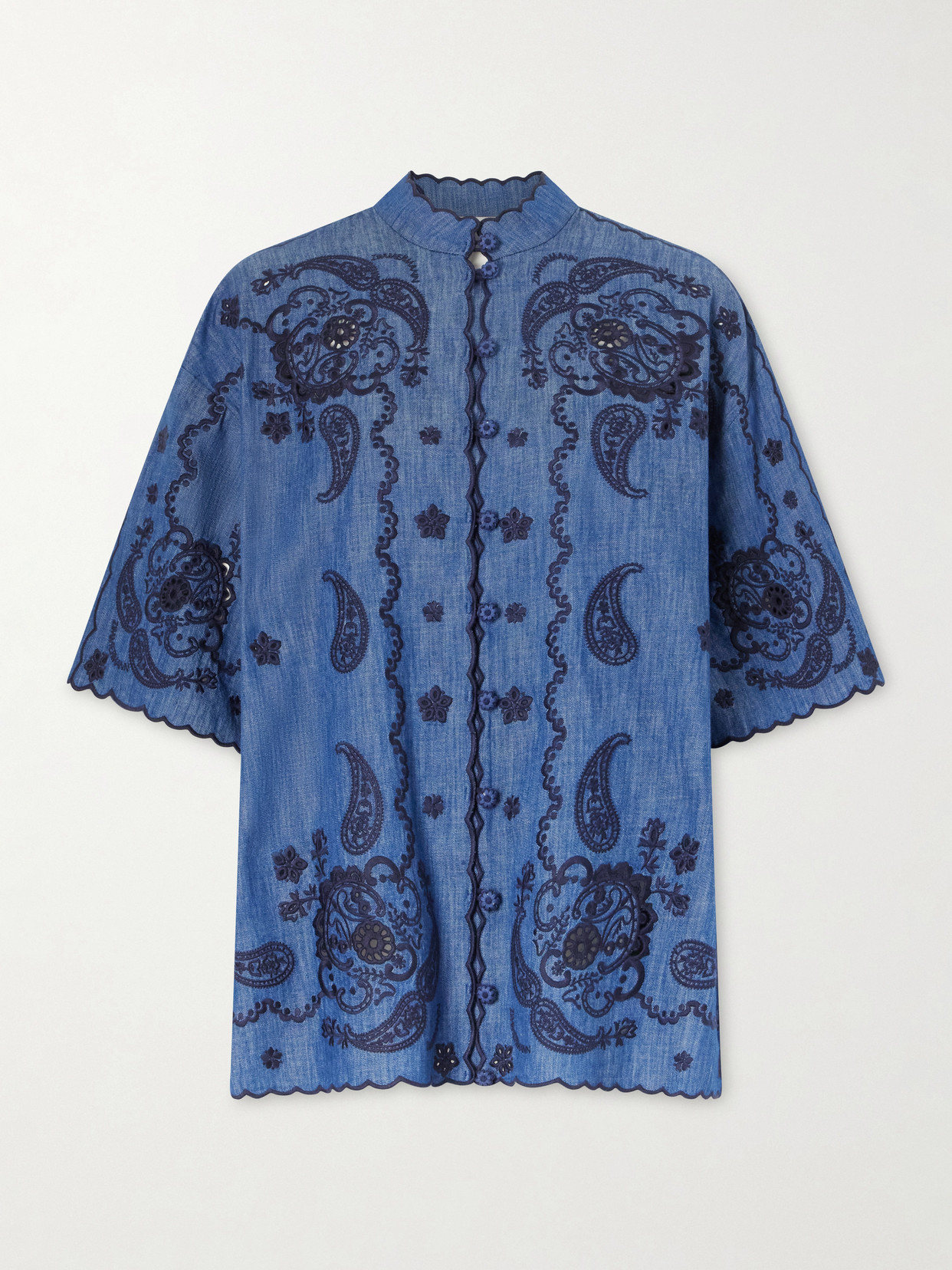 Zimmermann Aster Denim Shirt With All-over Contrasting Embroidery In Blue
