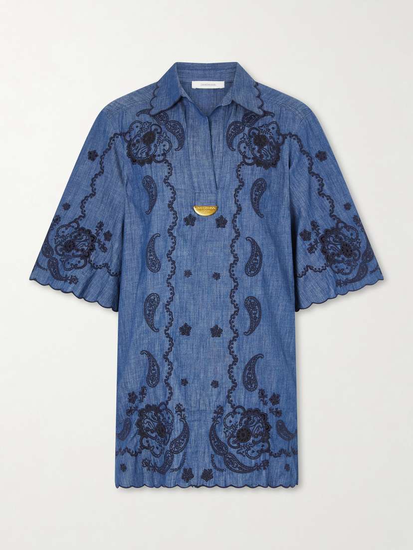 Zimmermann Aster Broderie Anglaise-trimmed Cotton-denim Mini Dress