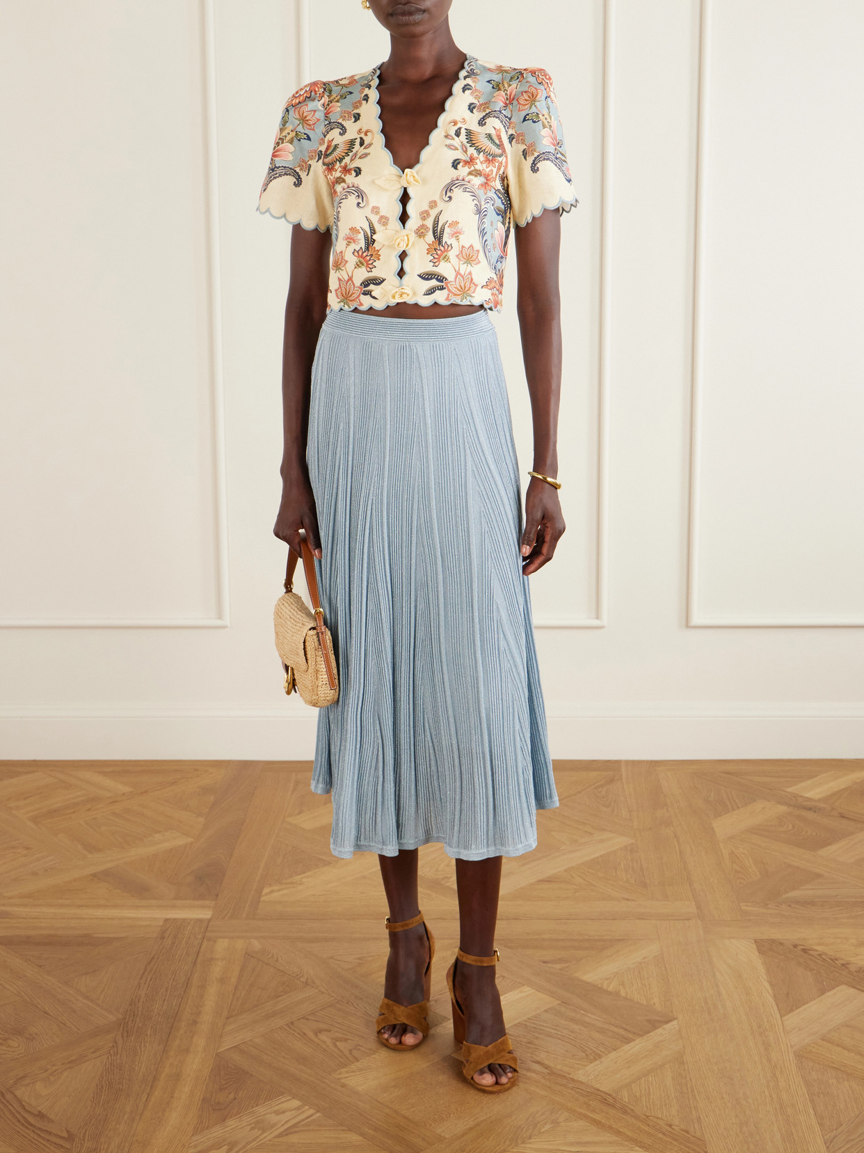 Zimmermann Aster Metallic Flared Ottoman Stitch Sweater Skirt In Blue