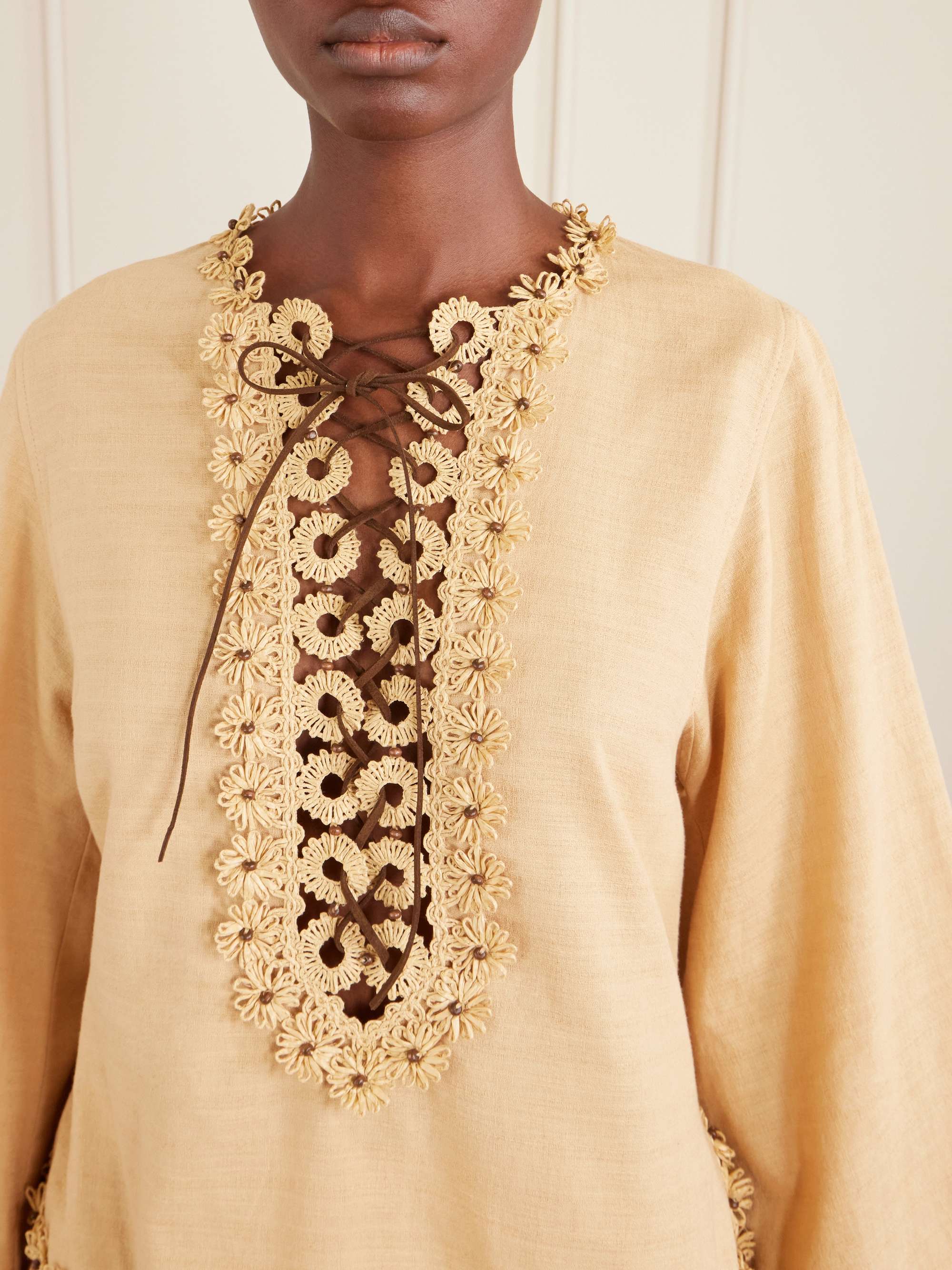 ZIMMERMANN Mahon leather and raffia-trimmed cotton blouse | NET-A