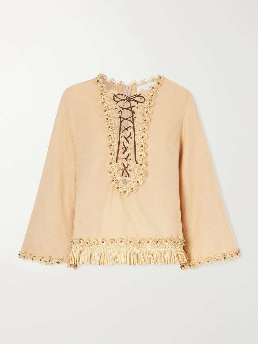 Zimmermann Mahon Leather And Raffia-trimmed Cotton Blouse