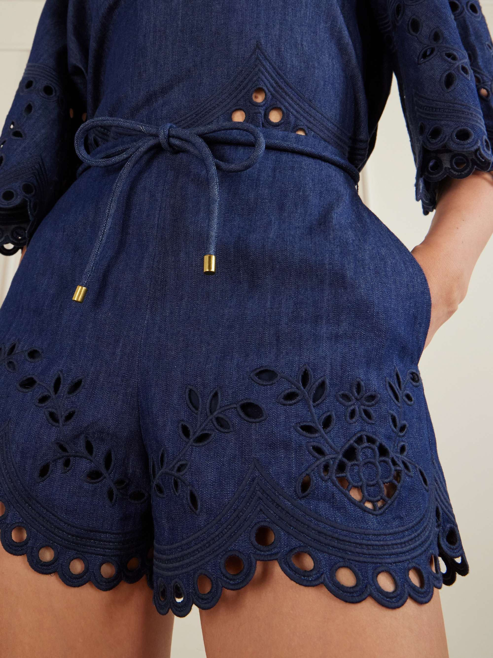 ZIMMERMANN Mahon broderie anglaise denim shorts | NET-A-PORTER