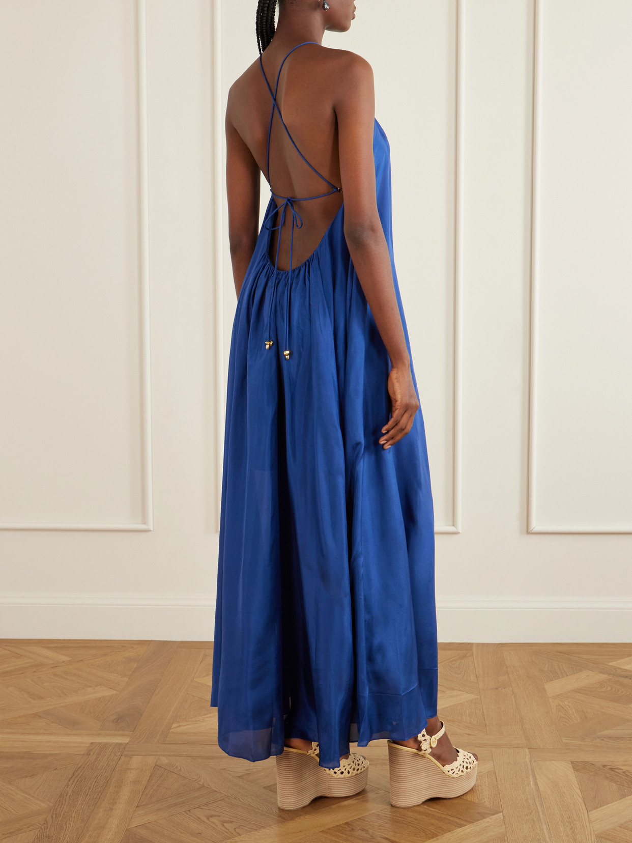 Zimmermann Aster Gathered Beaded Silk-satin Maxi Dress In Blue