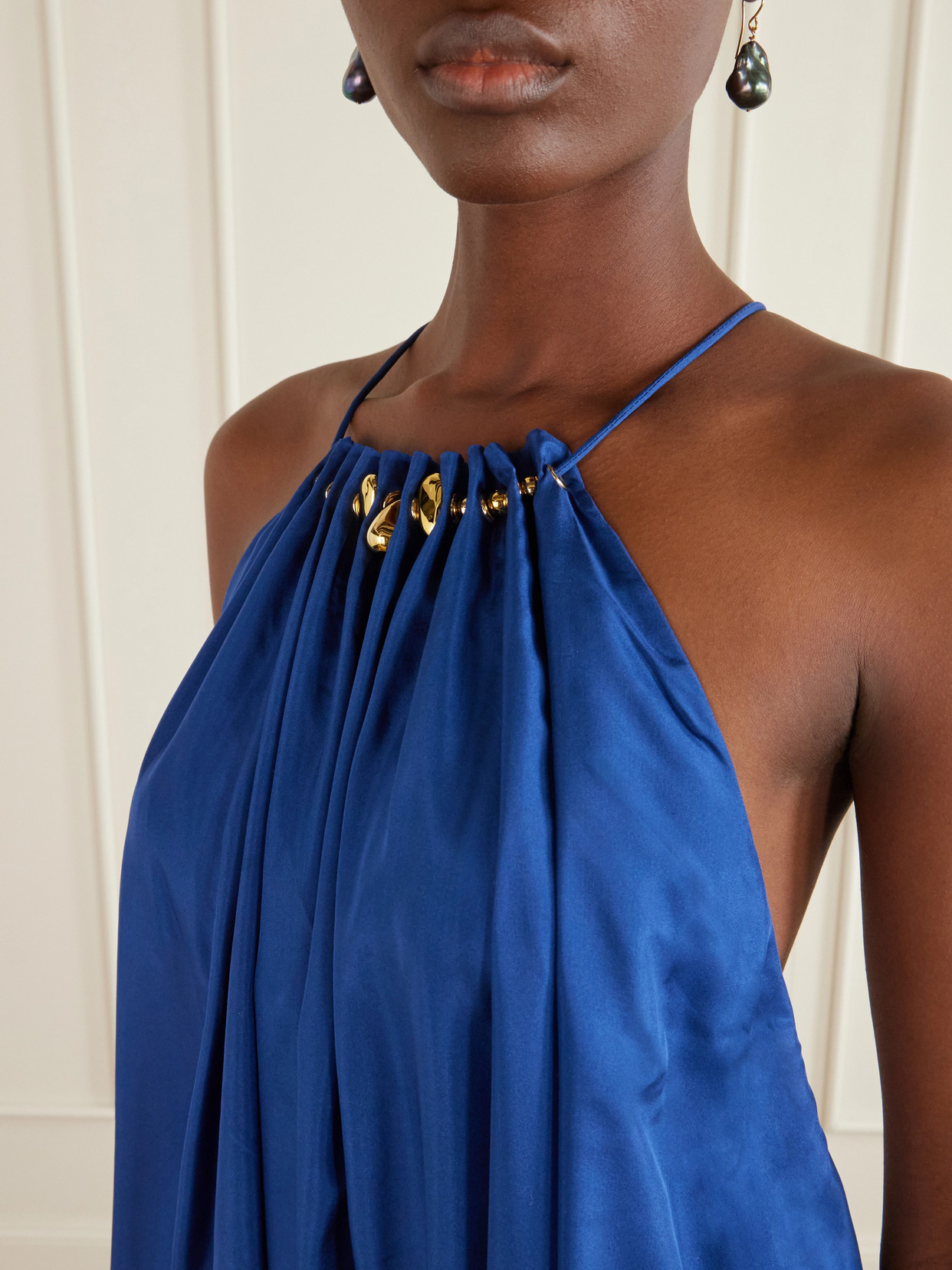 Zimmermann Aster Gathered Beaded Silk-satin Maxi Dress In Blue