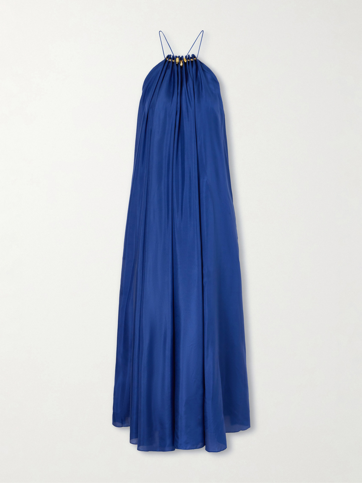 Zimmermann Aster Gathered Beaded Silk-satin Maxi Dress In Blue