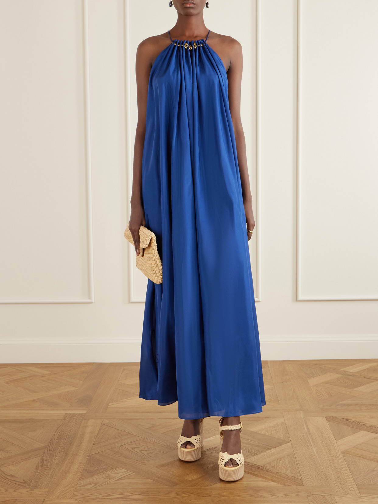 Zimmermann Aster Gathered Beaded Silk-satin Maxi Dress In Blue