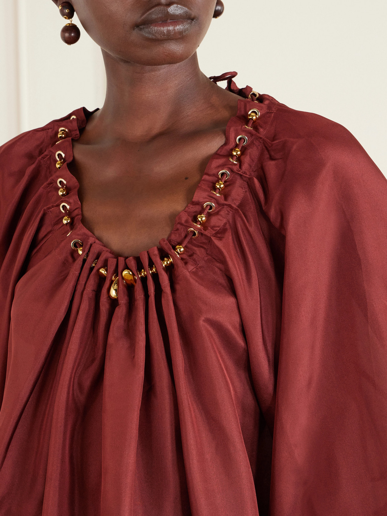 Zimmermann Blouse Aster With Ruffles And Beads In Burgundy