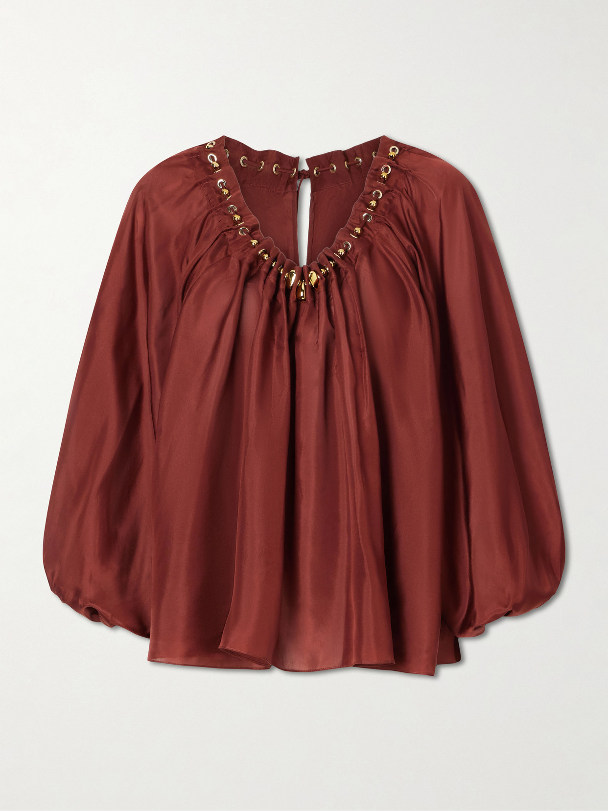 Zimmermann Aster Gathered Beaded Silk-satin Blouse In Burgundy