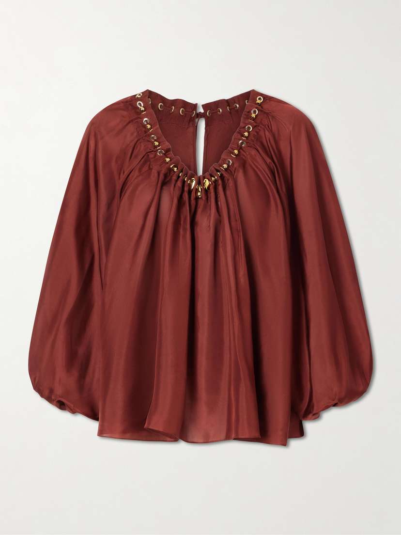 Zimmermann Aster Gathered Beaded Silk-satin Blouse