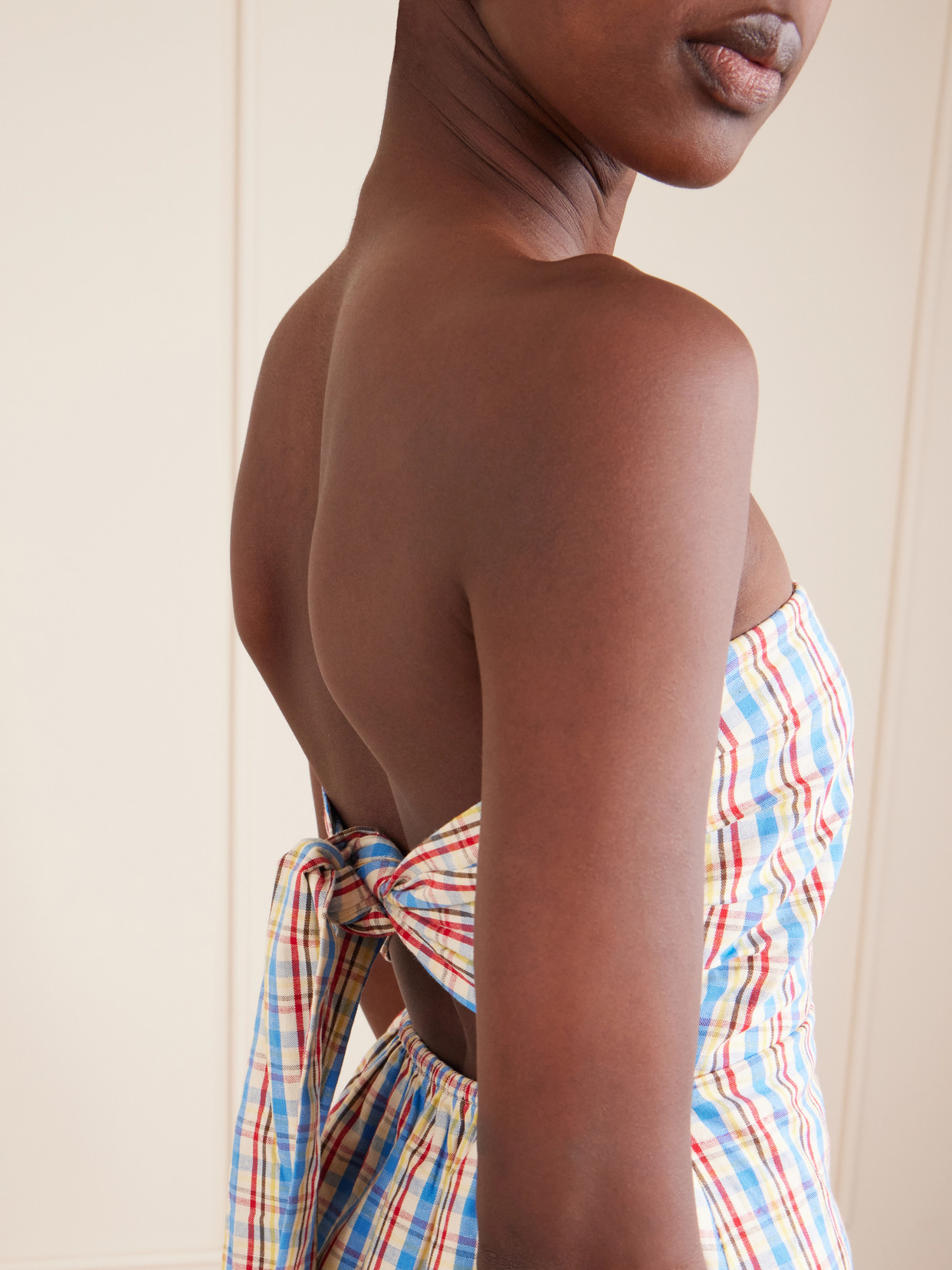 Isole Strapless Checked Cotton And Linen-Blend Top
