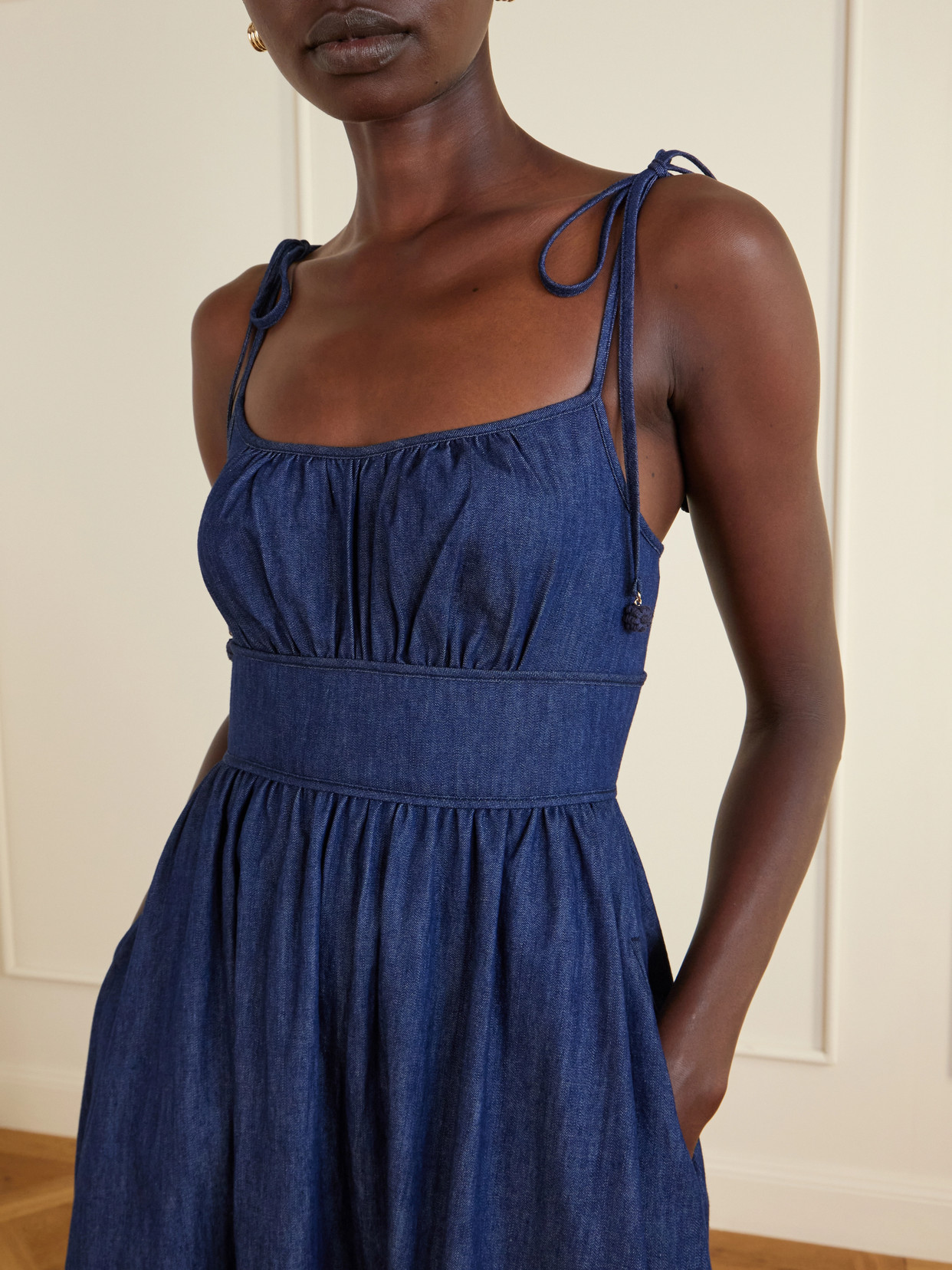 Zimmermann Mohan Broderie Anglaise Trim Denim Midi Dress In Blue